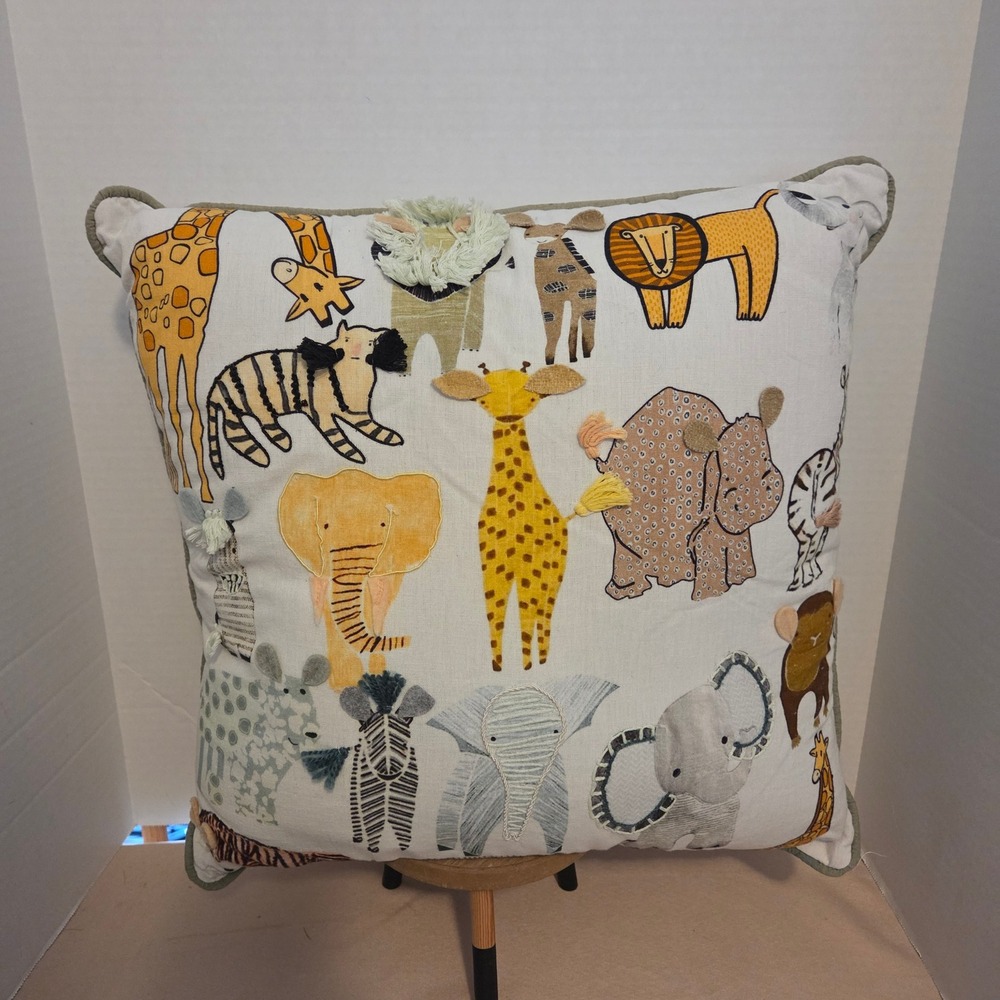 Safari Animal Nursery Decorative Pillow Embroidered Applique Jungle Decor 18x18